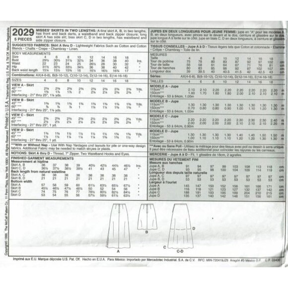 McCalls Sewing Pattern 2029 Skirt Two Lengths Misses Size 8-12 - Picture 2 of 2